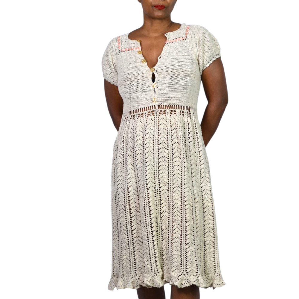 Handmade Crochet Knit Midi Dress Beige Oatmeal Knitted Vintage Lattice Small